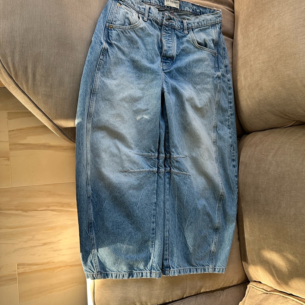 We The Free Light Blue Denim Midi Skirt